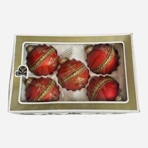 Vintage Krebs & Sohn Red Glass Christmas Ornaments Set of 5 Gold Glitter USA